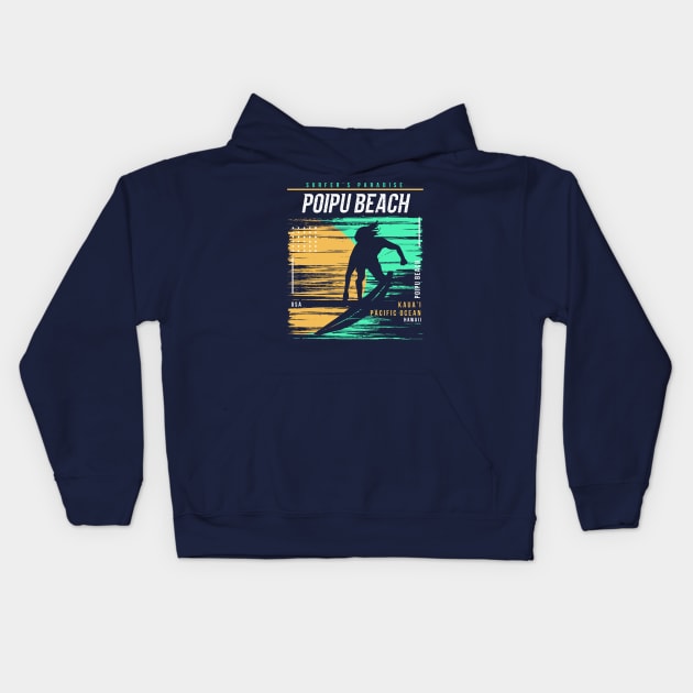 Retro Surfing Poipu Beach Kauai Hawaii // Vintage Surfer Beach // Surfer's Paradise Kids Hoodie by Now Boarding